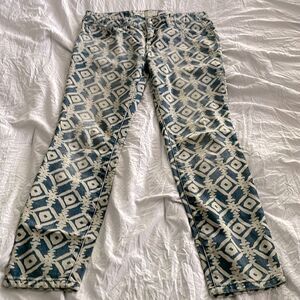 Free People Geometric Diamond Print Cropped Ankle Jeans Boho Blue Cream Size 27